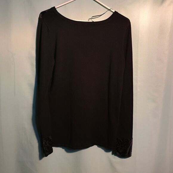 Black Long Sleeve Top with Velvet Damask Trim – Elegant Scoop Neck Shirt - Picture 4 of 4